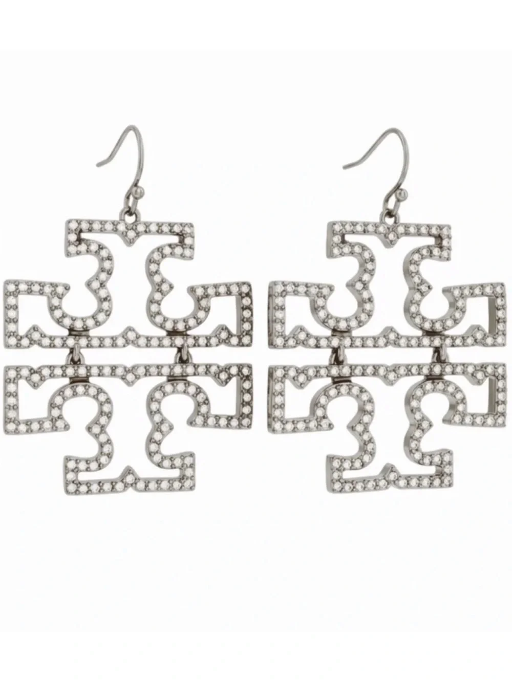 TORY BURCH • Silver Britten Crystal Logo Drop Earrings